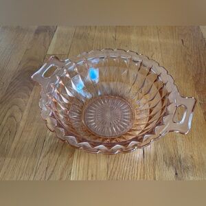 Jeannette Glass Windsor Pink Handled Serving Bowl 8.5”